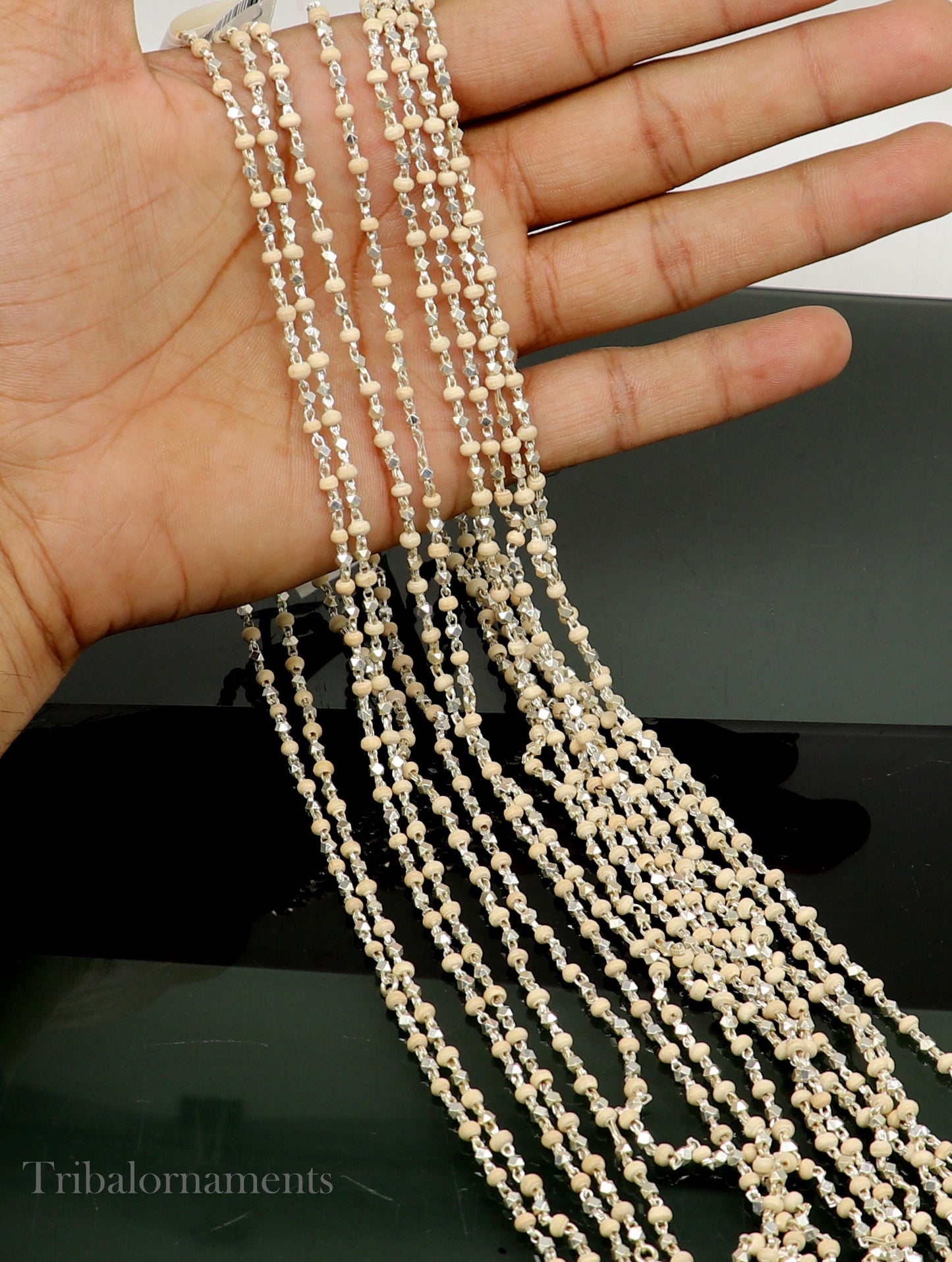 Sterling silver handmade wooden beads Holy basil rosary beads unisex necklace with silver chain, tribal-inspired jewelry by TRIBALORNAMENT.