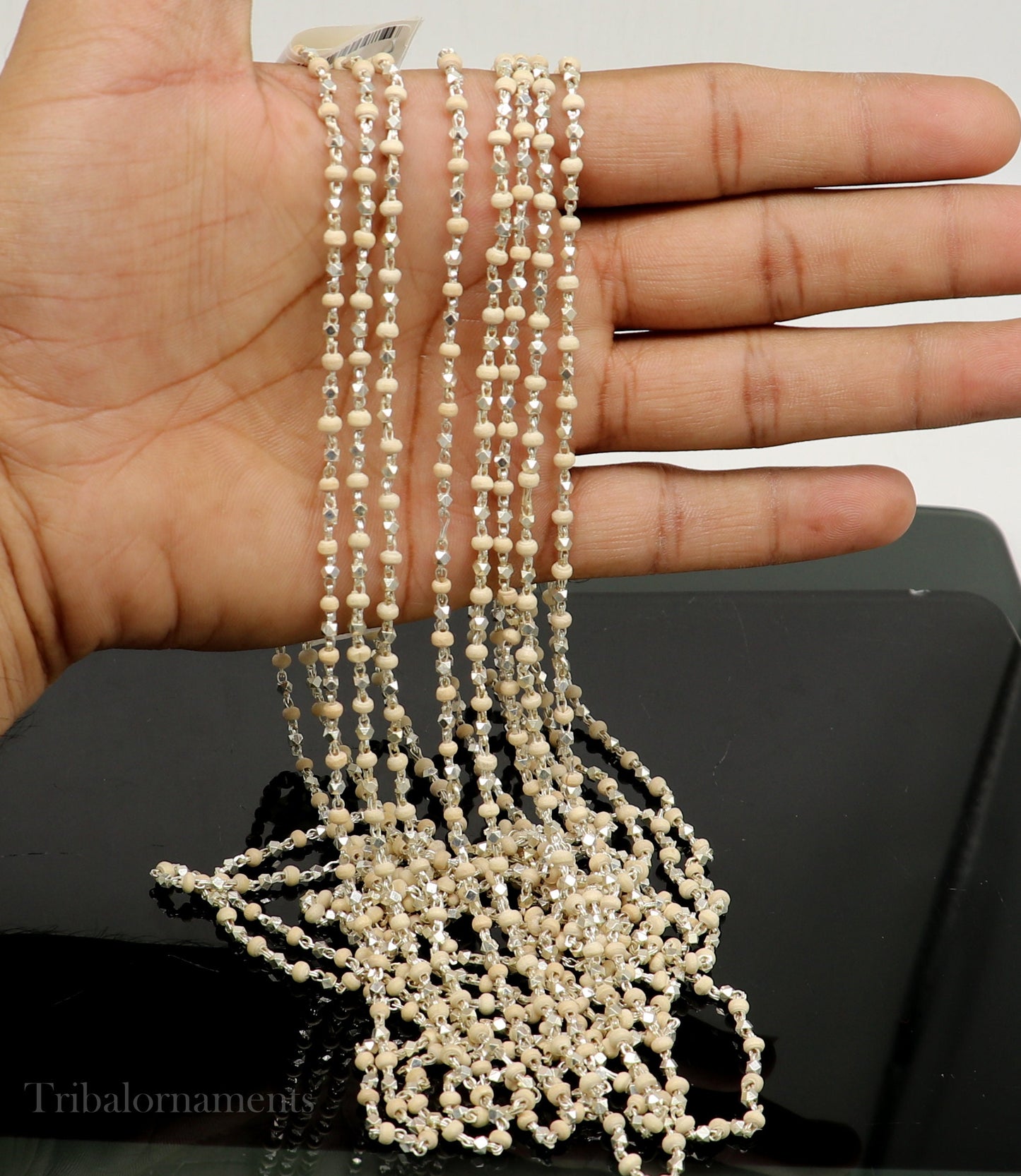 Sterling silver handmade wooden beads Holy basil rosary beads unisex necklace with silver chain, tribal-inspired jewelry by TRIBALORNAMENT.