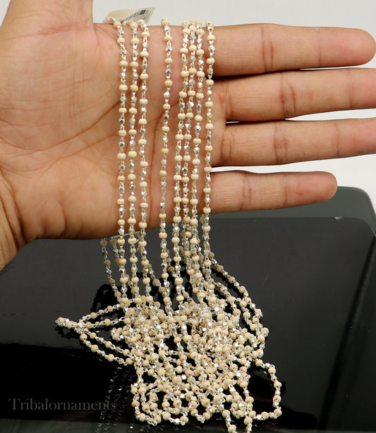 24" Sterling silver handmade wooden beads Holy basil rosary beads silver chain necklace unisex jewelry , tulsi mala customized necklace ch - TRIBAL ORNAMENTS