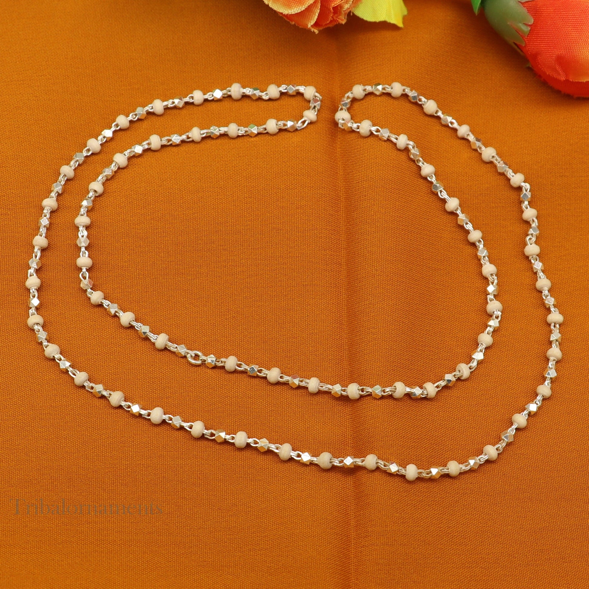 Sterling silver handmade wooden beads Holy basil rosary beads on a silver chain necklace, unisex jewelry, tribal ornament design.