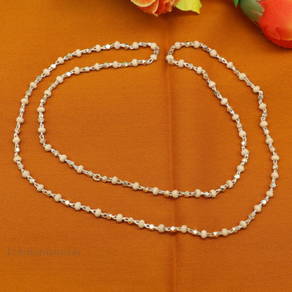 Sterling silver handmade Holy basil rosary beads with silver chain, unisex jewelry by TRIBALORNAMENT, featuring wooden beads and tulsi design.
