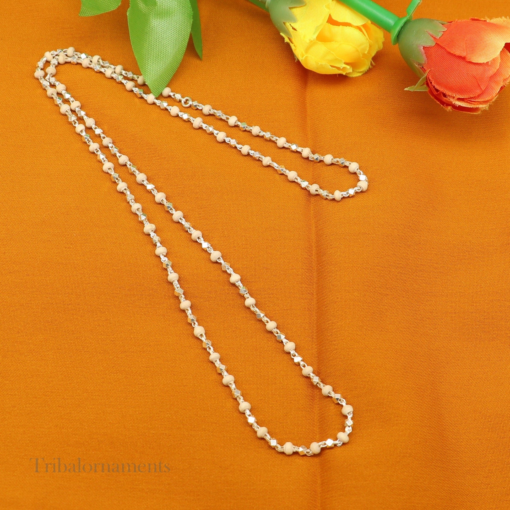 Sterling silver handmade wooden beads Holy basil rosary necklace with silver chain, unisex jewelry, custom Tulsi mala by TRIBALORNAMENT