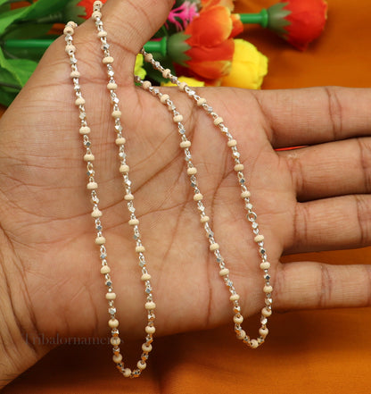 Sterling silver handmade wooden Holy basil rosary beads necklace by TRIBALORNAMENT, unisex jewelry with a silver chain.