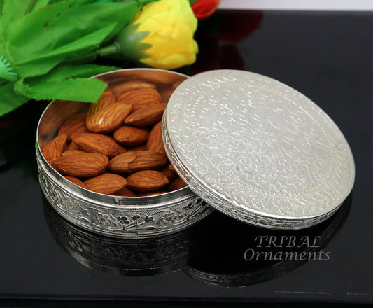 3.1inches Vintage antique design 925 silver handmade trinket box, brides powder box or dry fruit box for royal luxury gifting ideas  stb404 - TRIBAL ORNAMENTS