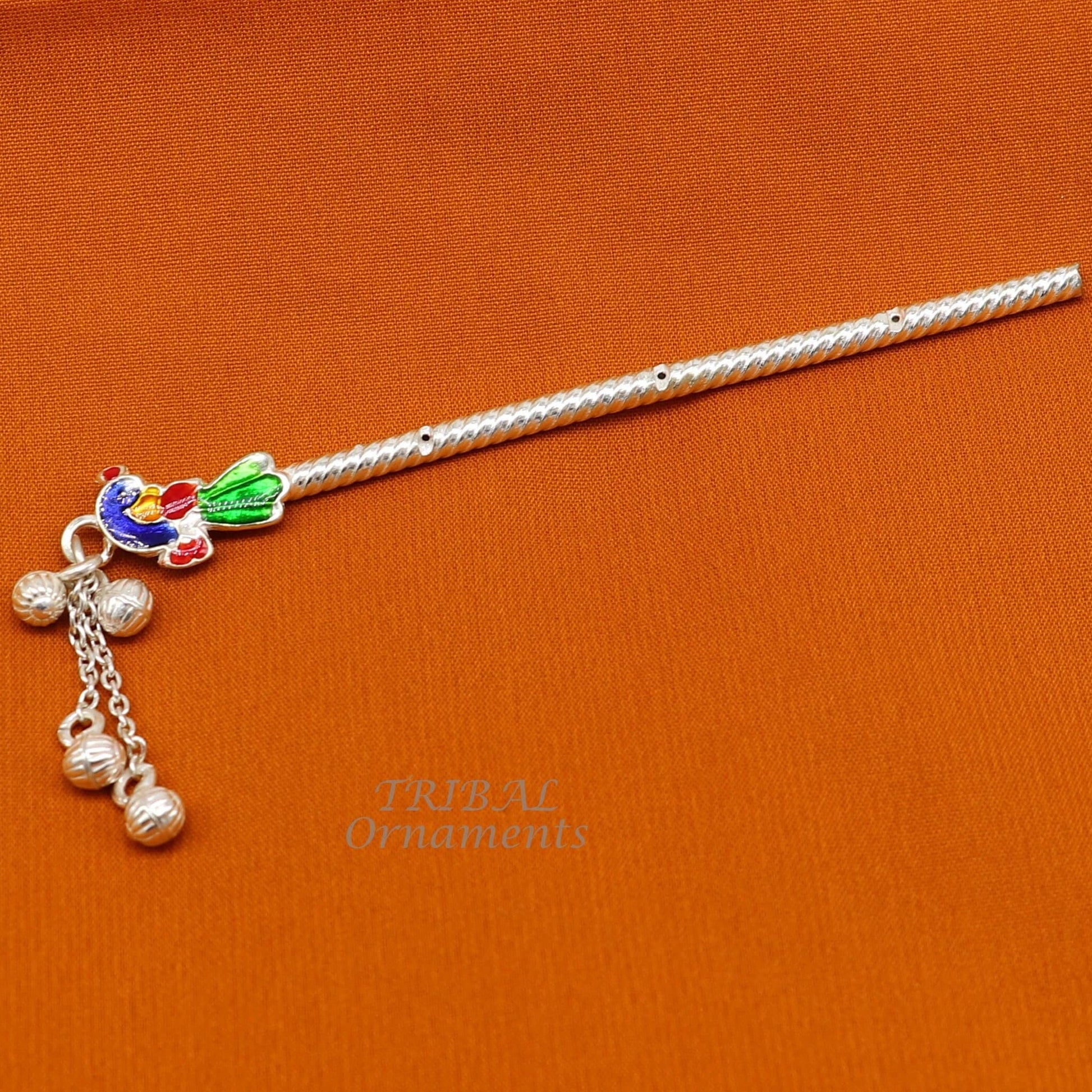 4 inches sterling silver handmade idol baby Krishna small flute, silver Bansuri, Laddu Gopala flute, little Krishna flute puja art su960 - TRIBAL ORNAMENTS