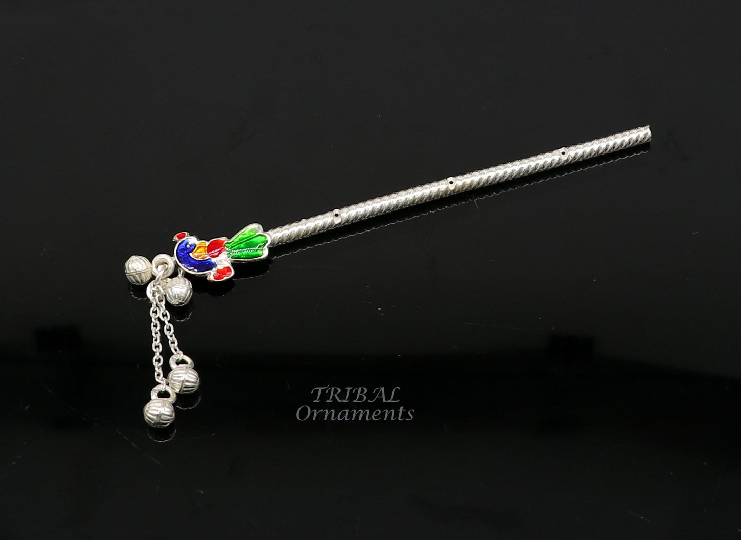 4 inches sterling silver handmade idol baby Krishna small flute, silver Bansuri, Laddu Gopala flute, little Krishna flute puja art su960 - TRIBAL ORNAMENTS