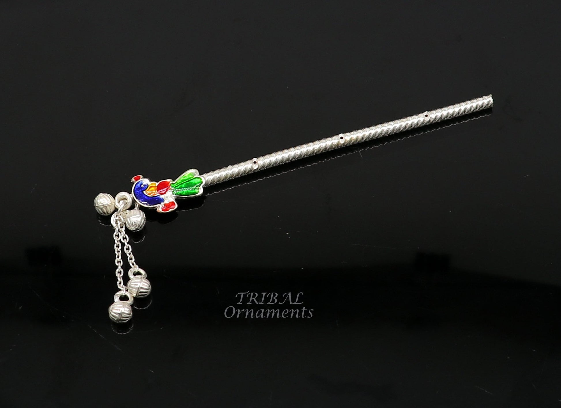 4 inches sterling silver handmade idol baby Krishna small flute, silver Bansuri, Laddu Gopala flute, little Krishna flute puja art su960 - TRIBAL ORNAMENTS