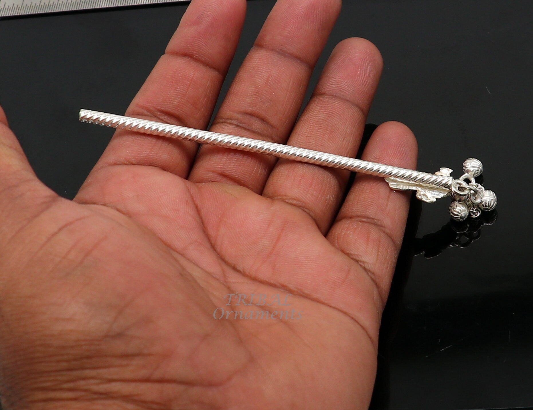 4 inches sterling silver handmade idol baby Krishna small flute, silver Bansuri, Laddu Gopala flute, little Krishna flute puja art su960 - TRIBAL ORNAMENTS
