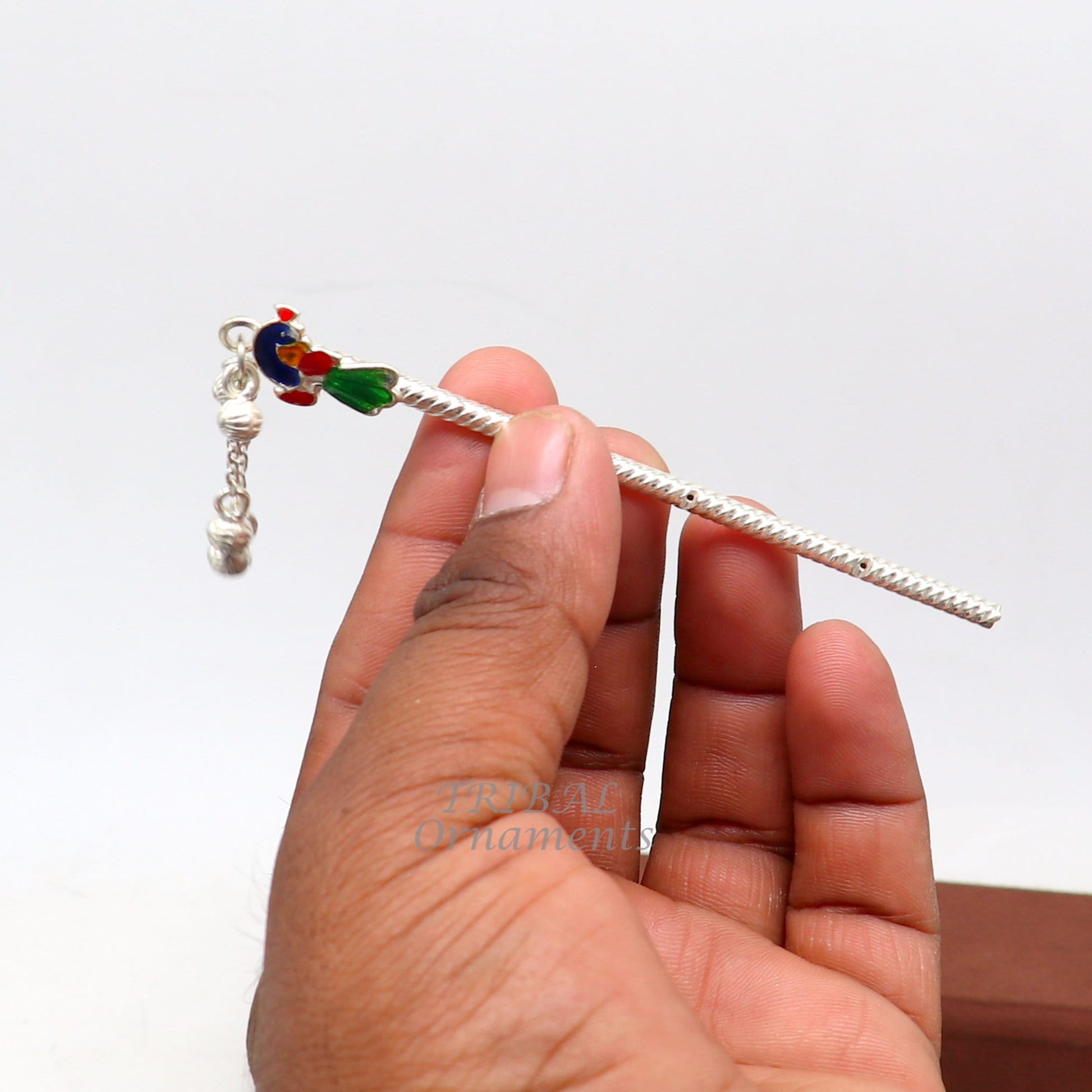 4 inches sterling silver handmade idol baby Krishna small flute, silver Bansuri, Laddu Gopala flute, little Krishna flute puja art su960 - TRIBAL ORNAMENTS