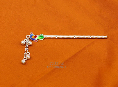 Sterling silver handmade Baby Krishna idol with small flute, traditional Laddu Gopala Bansuri, perfect for puja and spiritual decor.