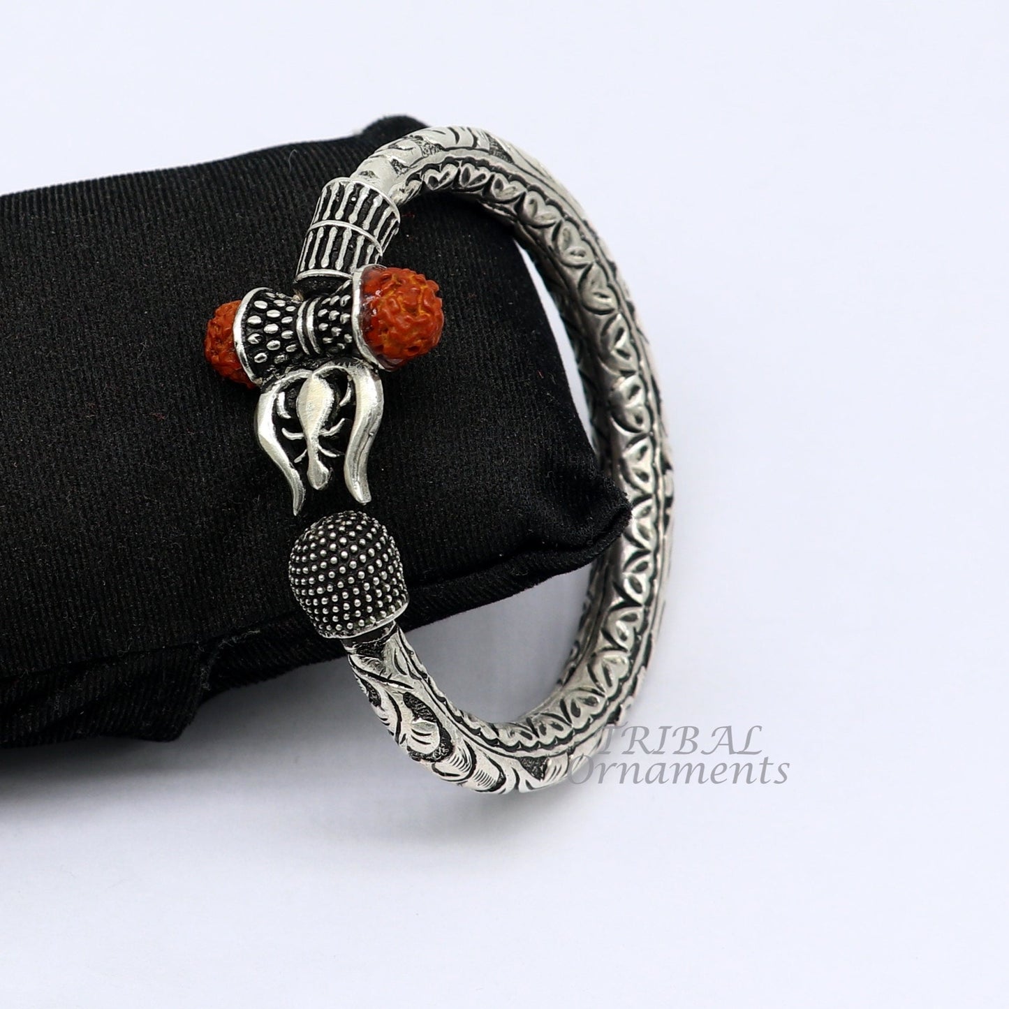 925 Sterling silver handmade chitai work Lord Shiva trident trishul kada bangle bracelet with natural Rudraksha customized kada nsk552 - TRIBAL ORNAMENTS