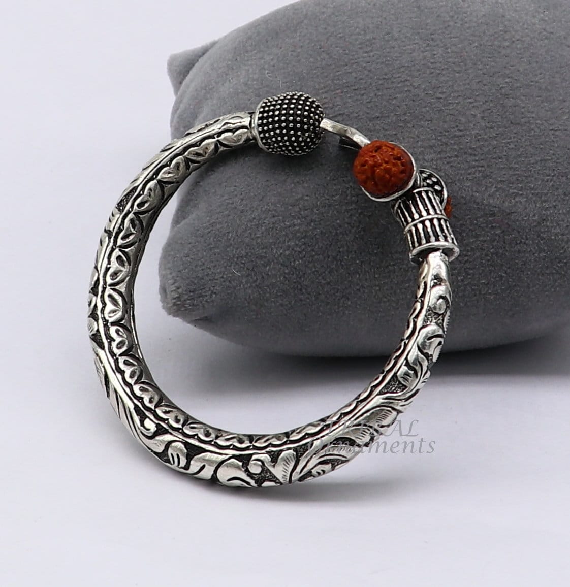 925 Sterling silver handmade chitai work Lord Shiva trident trishul kada bangle bracelet with natural Rudraksha customized kada nsk552 - TRIBAL ORNAMENTS