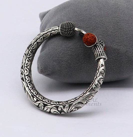 925 Sterling silver handmade chitai work Lord Shiva trident trishul kada bangle bracelet with natural Rudraksha customized kada nsk552 - TRIBAL ORNAMENTS