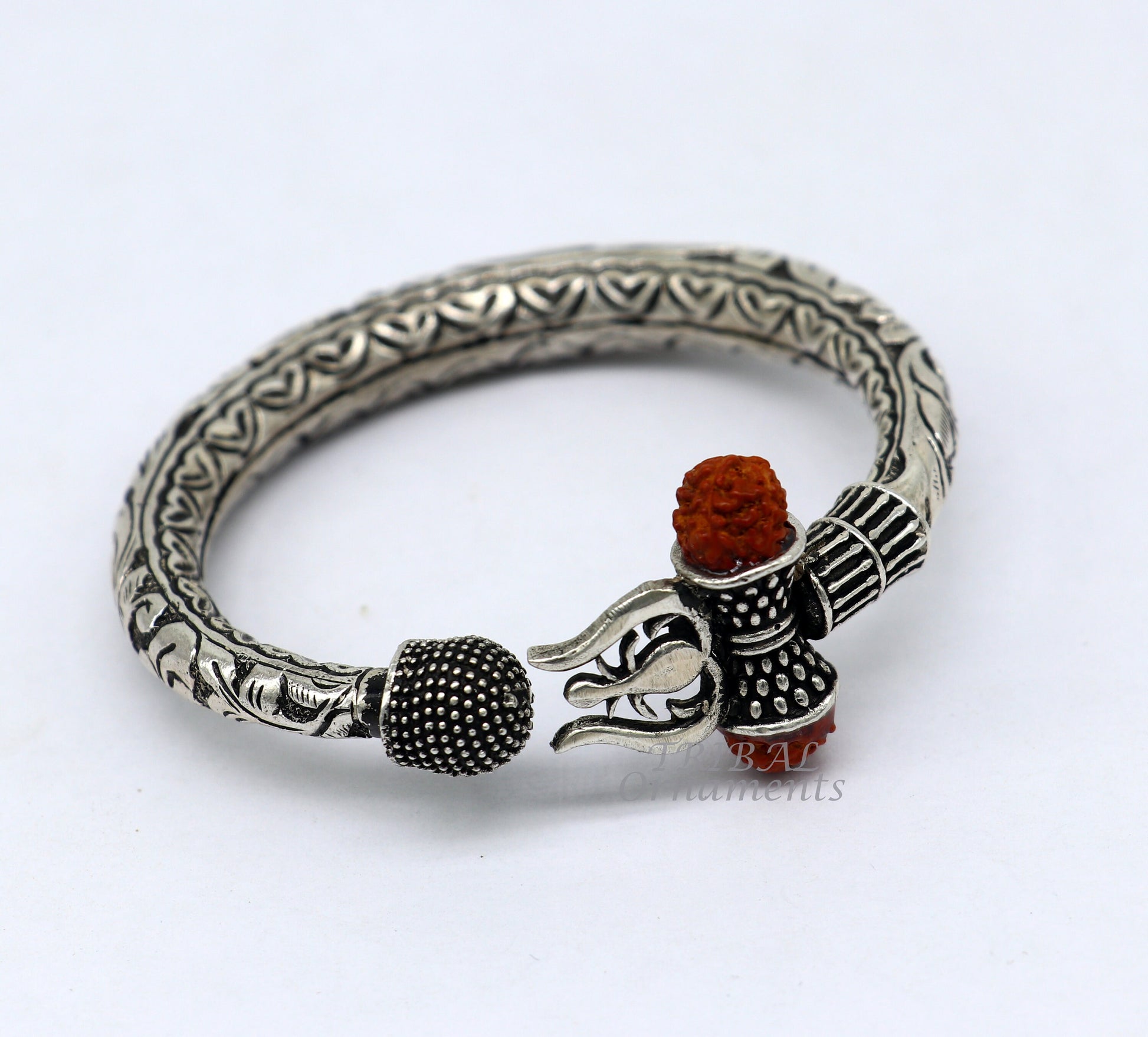 925 Sterling silver handmade chitai work Lord Shiva trident trishul kada bangle bracelet with natural Rudraksha customized kada nsk552 - TRIBAL ORNAMENTS