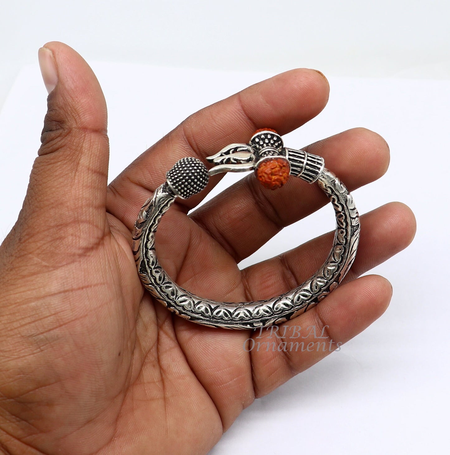 925 Sterling silver handmade chitai work Lord Shiva trident trishul kada bangle bracelet with natural Rudraksha customized kada nsk552 - TRIBAL ORNAMENTS