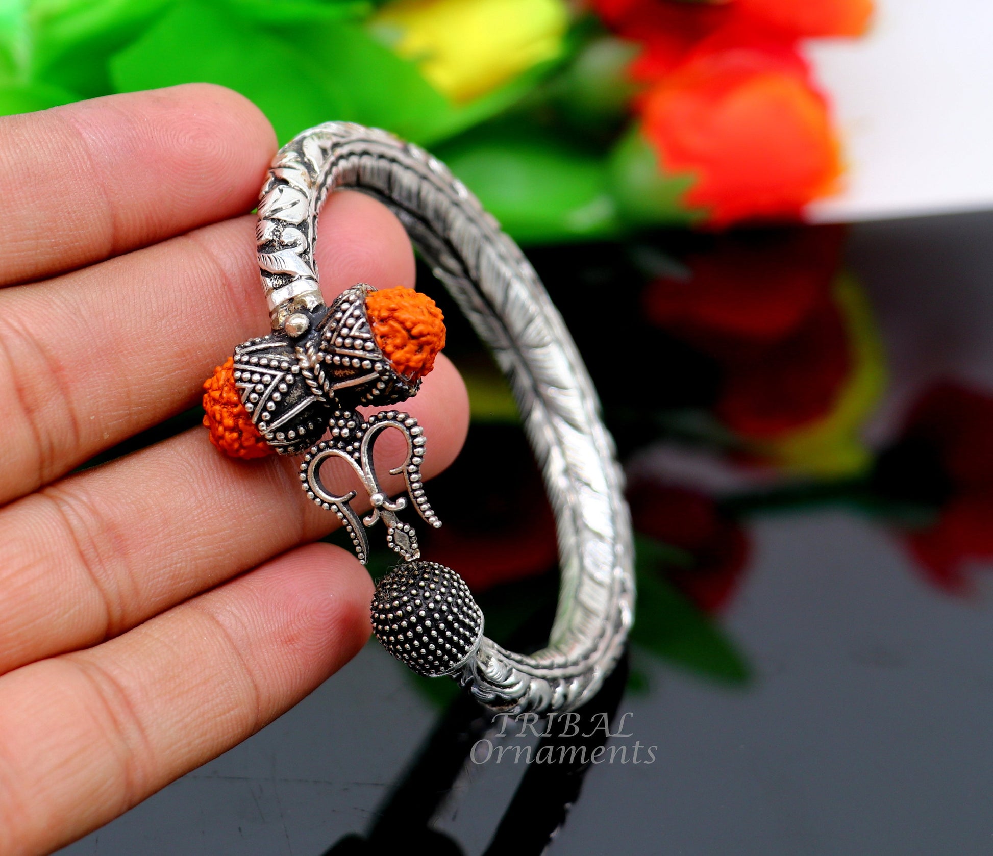 925 Sterling silver handmade chitai work Lord Shiva trident trishul kada bangle bracelet with natural Rudraksha customized kada nsk566 - TRIBAL ORNAMENTS
