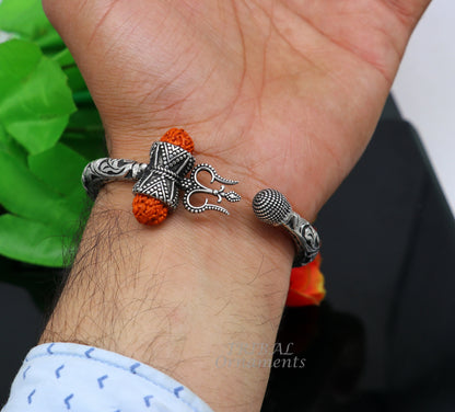 925 Sterling silver Lord Shiva trident bangle bracelet with handmade chitai work and natural Rudraksha beads, custom jewelry from TRIBALORNAMENT