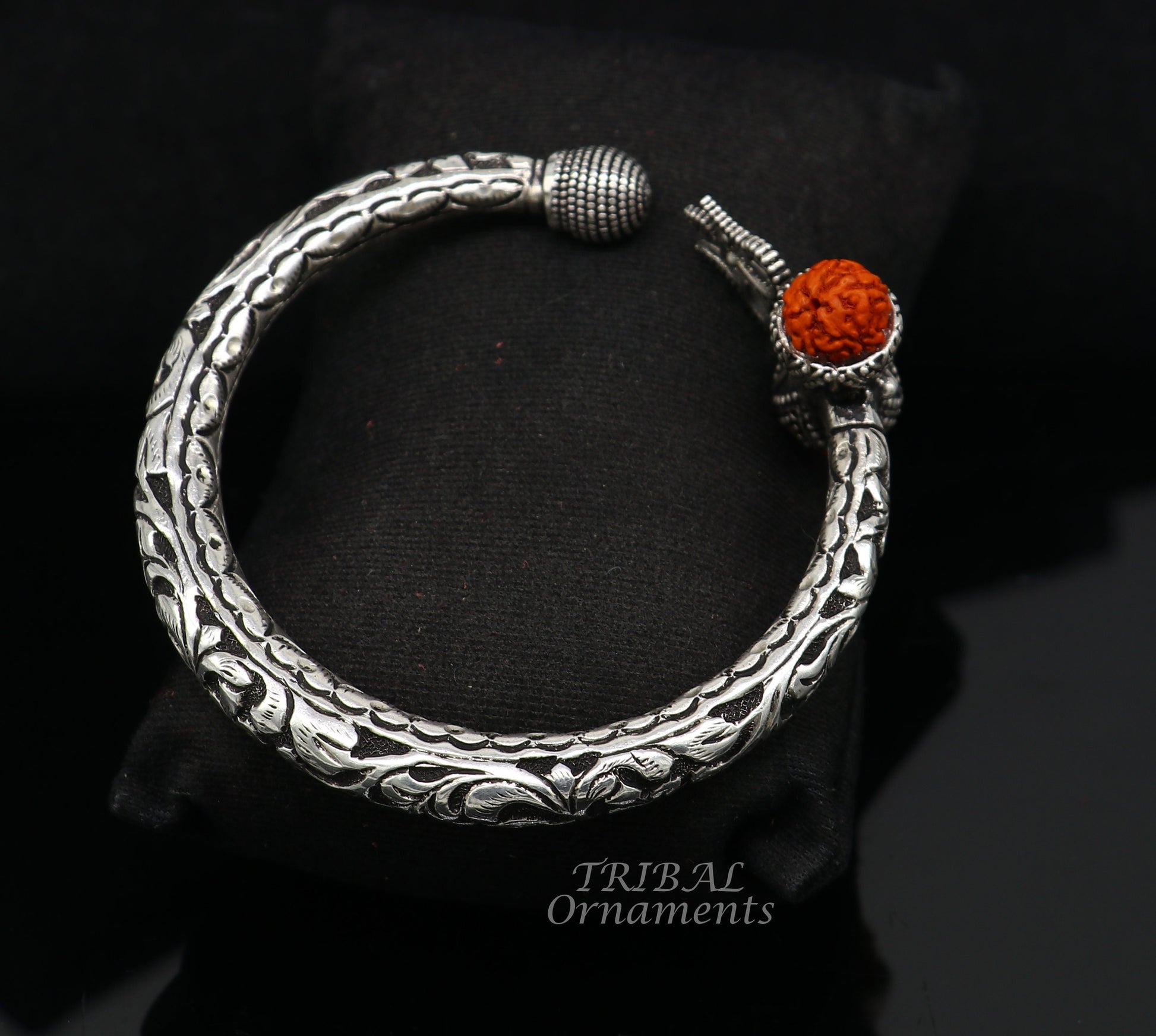 925 Sterling silver handmade chitai work Lord Shiva trident trishul kada bangle bracelet with natural Rudraksha customized kada nsK567 - TRIBAL ORNAMENTS
