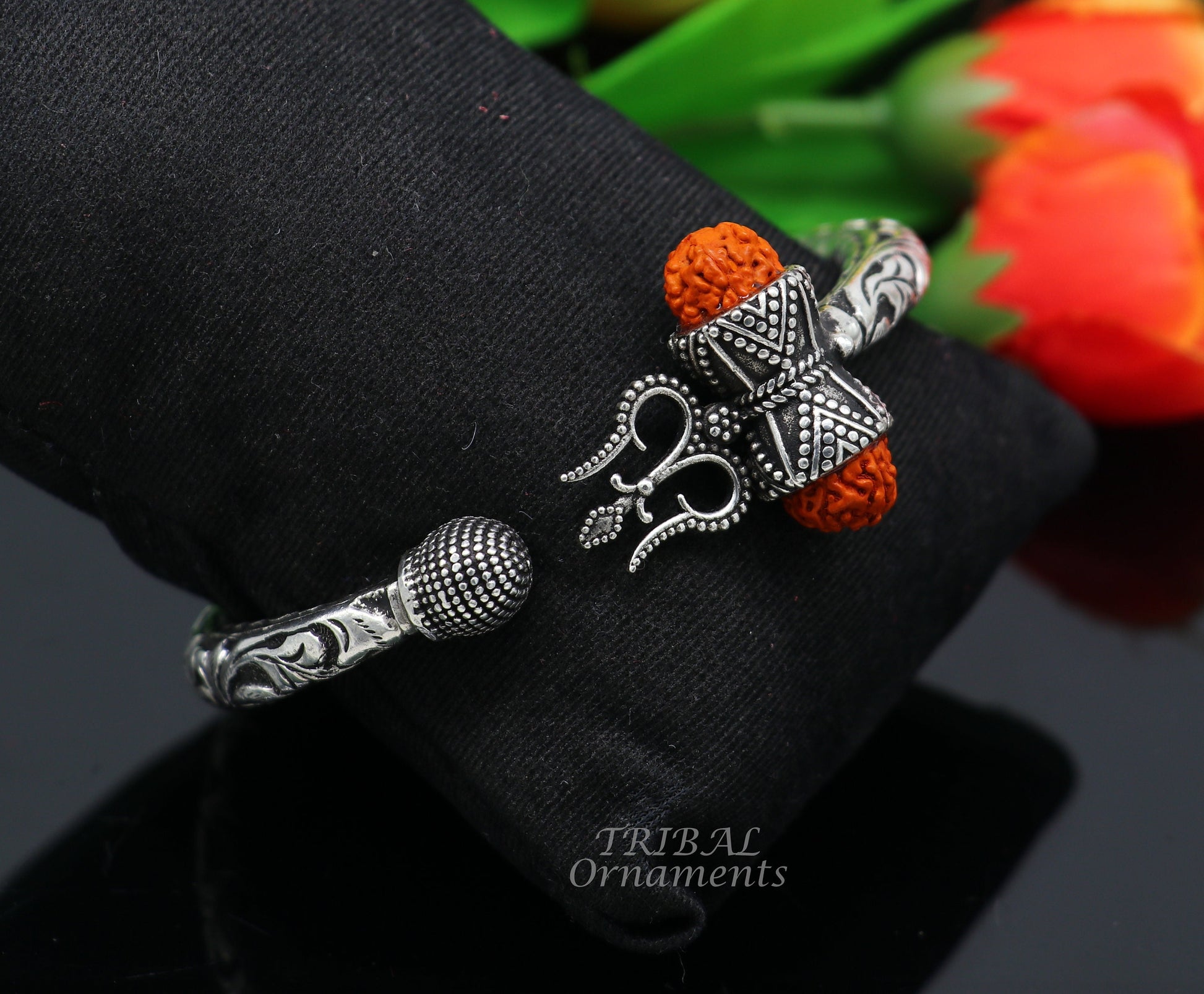 925 Sterling silver handmade chitai work Lord Shiva trident trishul kada bangle bracelet with natural Rudraksha customized kada nsK567 - TRIBAL ORNAMENTS