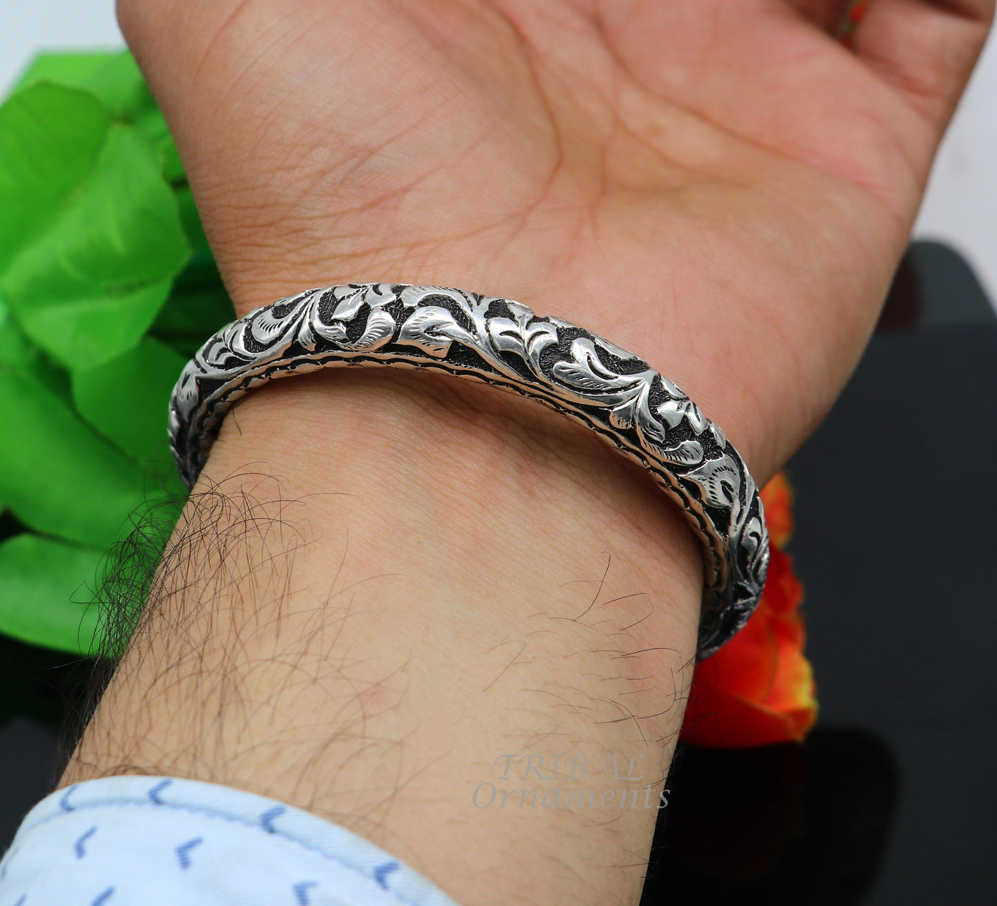 925 Sterling silver handmade chitai work Lord Shiva trident trishul kada bangle bracelet with natural Rudraksha customized kada nsK567 - TRIBAL ORNAMENTS