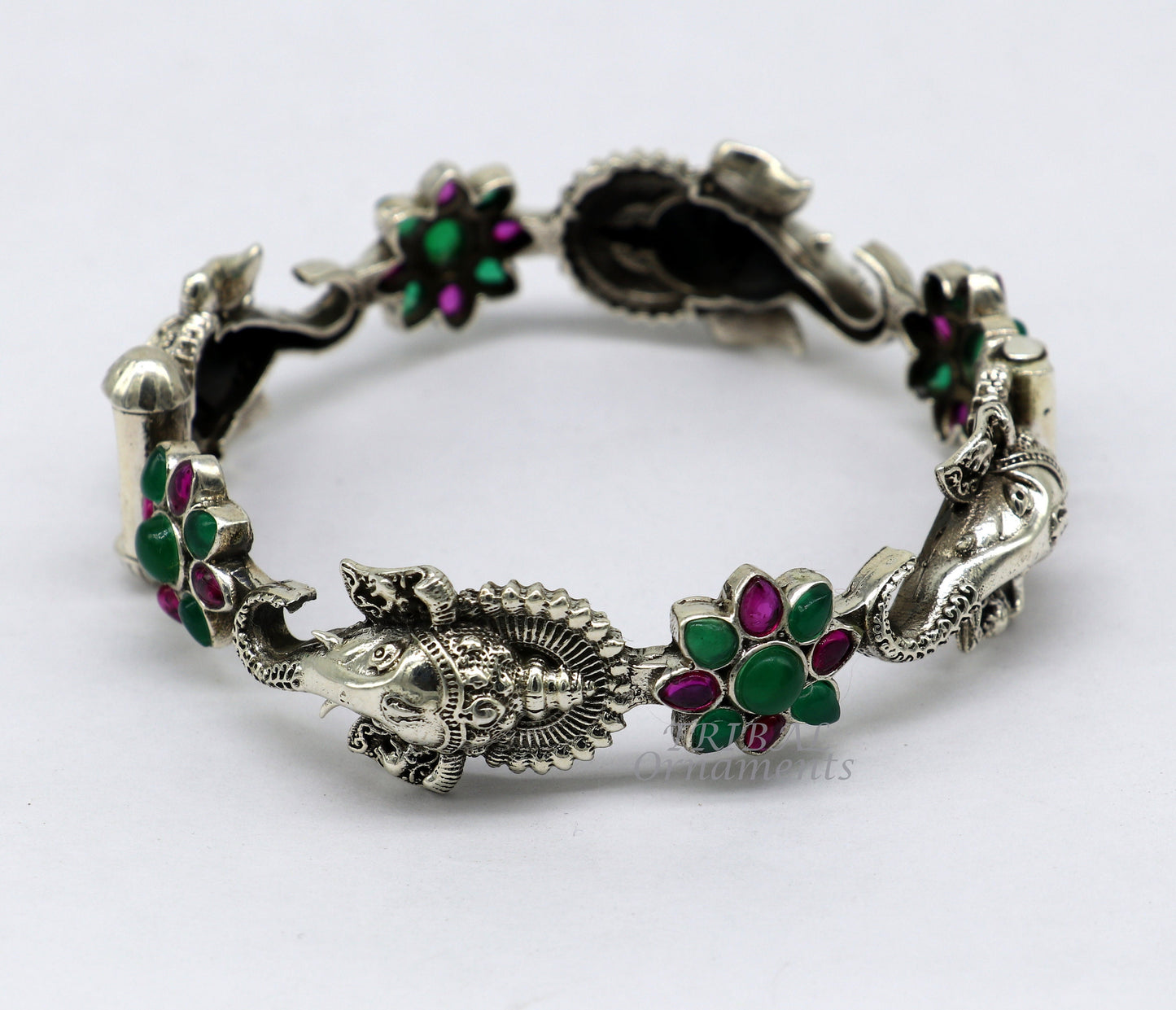 925 sterling silver idol Ganesha design bangle bracelet kada with amazing floral style red and green stone, gifting ethnic jewelry nsk551 - TRIBAL ORNAMENTS
