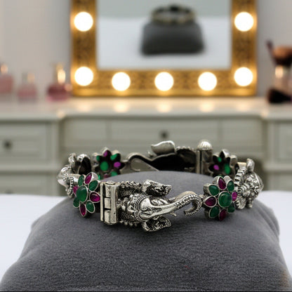 925 sterling silver Ganesha bangle bracelet with floral red and green stones, tribalornament ethnic jewelry design