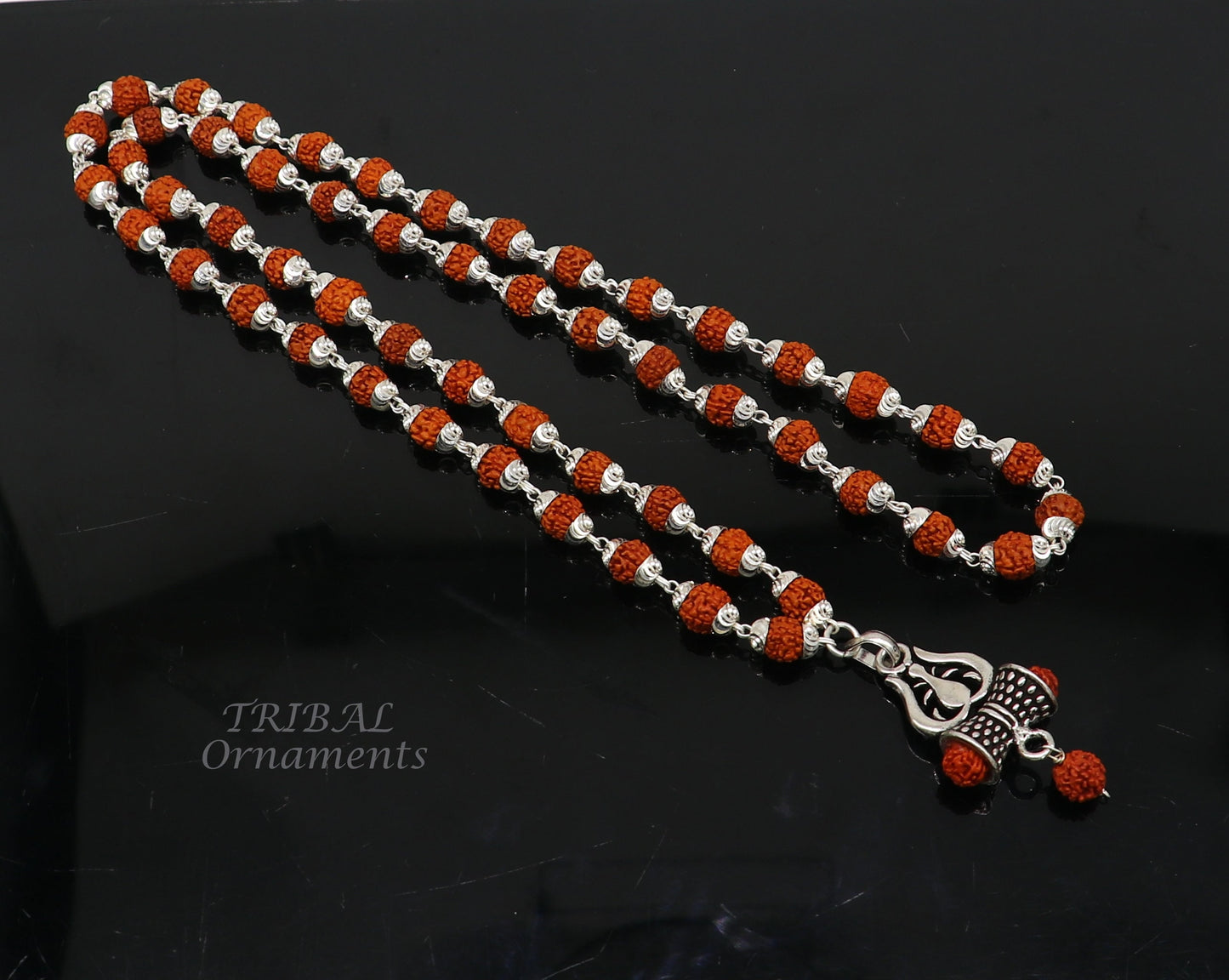 Sterling silver Rudraksha beads necklace with a trident pendant, unisex tribal-inspired jewelry set by TRIBALORNAMENT.
