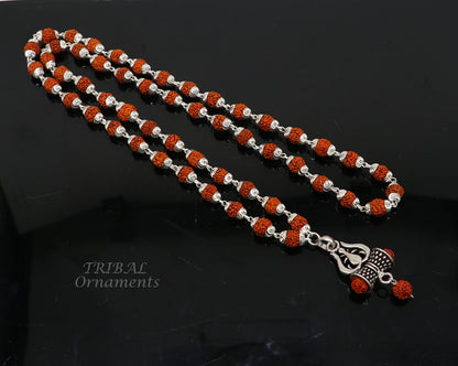 Sterling silver Rudraksha beads necklace with a trident pendant, unisex tribal-inspired jewelry set by TRIBALORNAMENT.