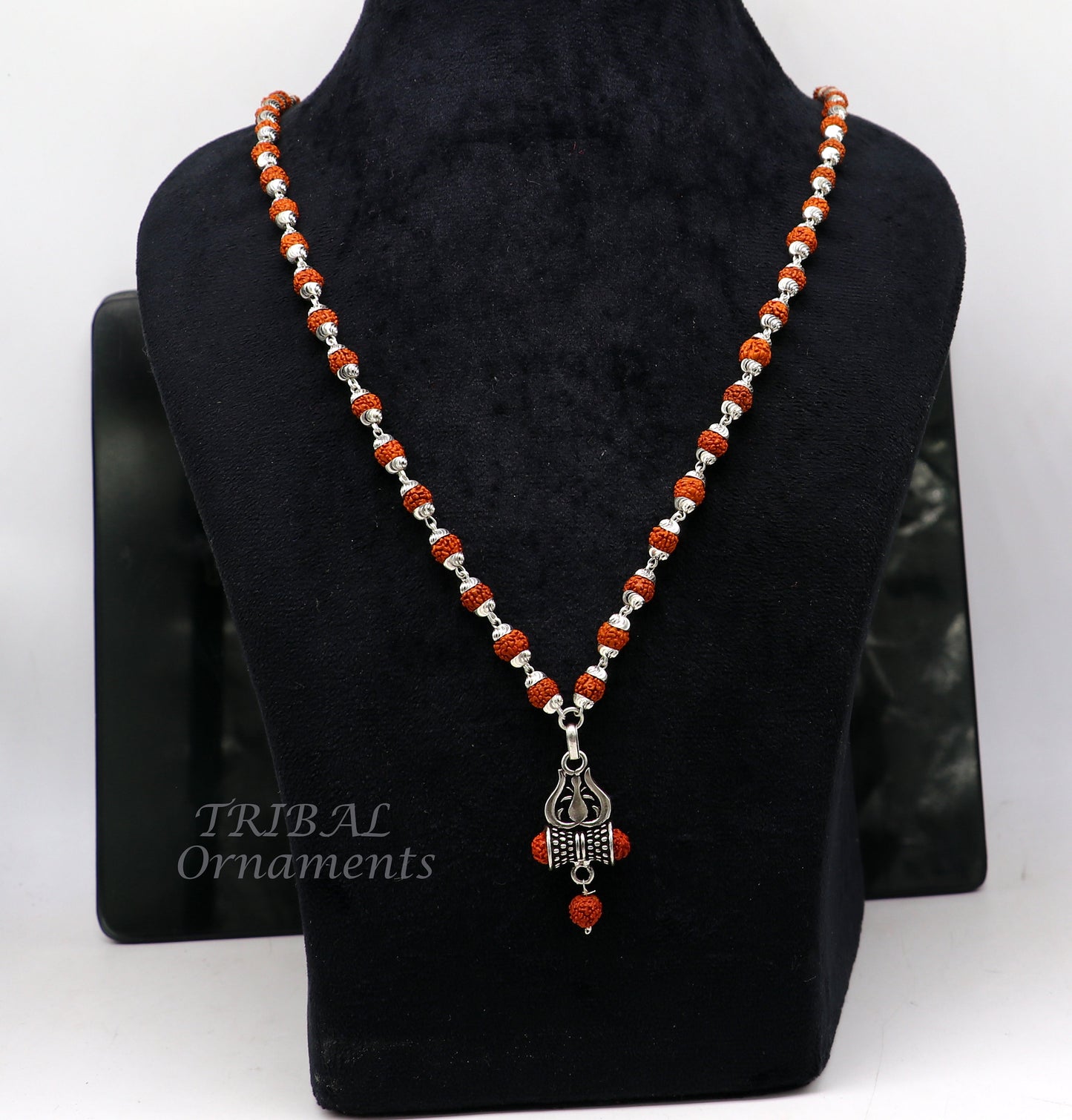 Sterling silver Rudraksha beads chain with a trident pendant, unisex tribal jewelry set, crafted by TRIBALORNAMENT.