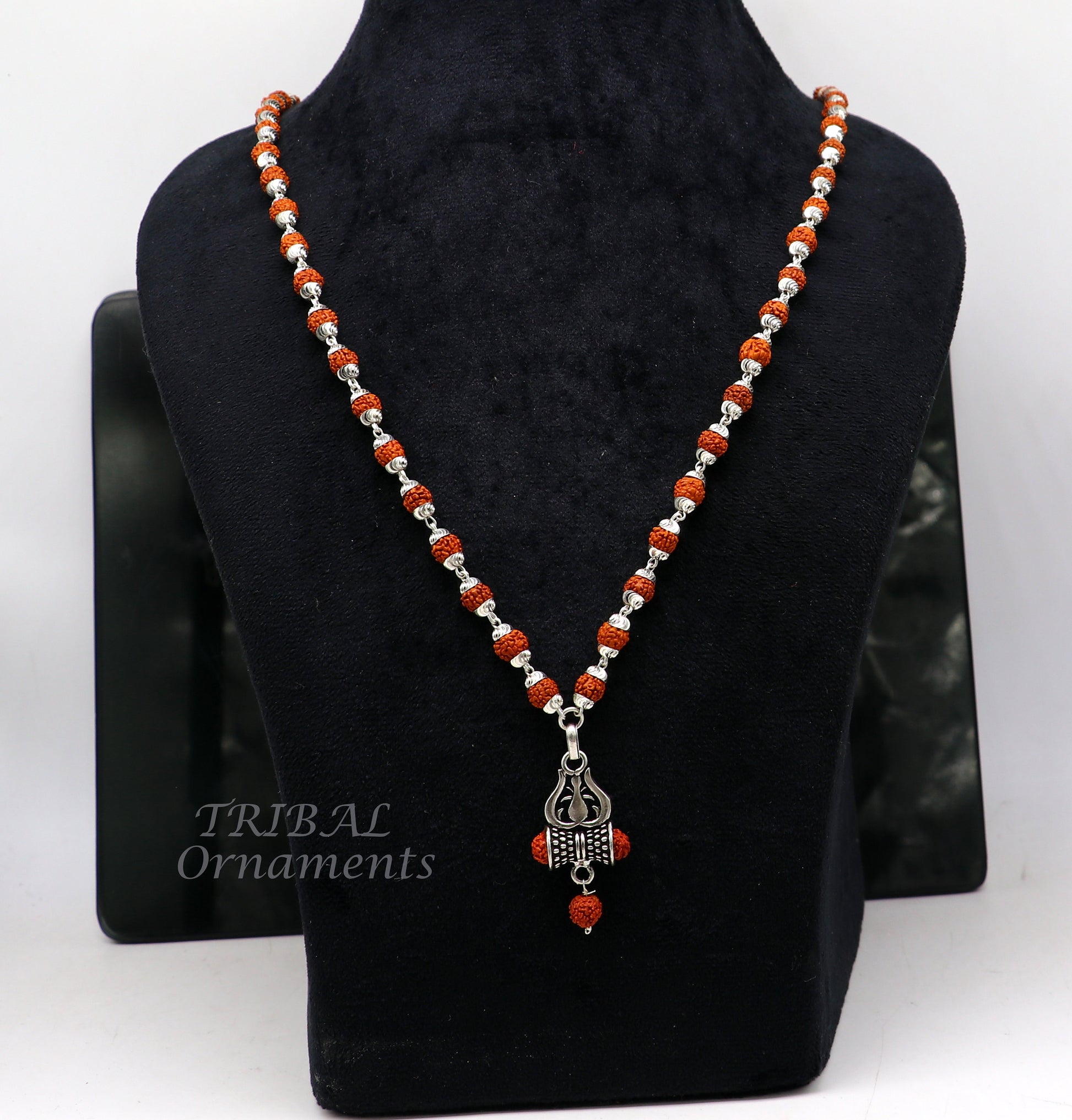 Sterling silver Rudraksha beads chain with a trident pendant, unisex tribal jewelry set, crafted by TRIBALORNAMENT.