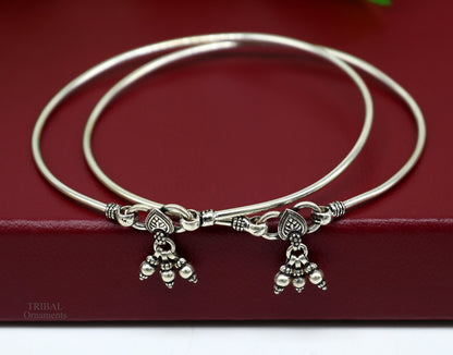 Sterling silver foot bracelet with shiny design, hanging drops, belly dance jewelry, customized ankle kada by TRIBALORNAMENT.