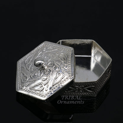 925 sterling silver trinket box, kajal box/casket box bridal polygon shape sindur box collection, container box, eyeliner box gifting stb402 - TRIBAL ORNAMENTS