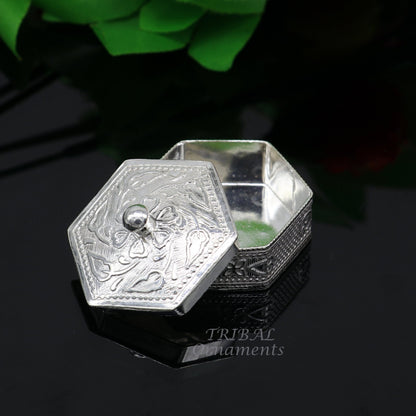 925 sterling silver trinket box, kajal box/casket box bridal polygon shape sindur box collection, container box, eyeliner box gifting stb402 - TRIBAL ORNAMENTS