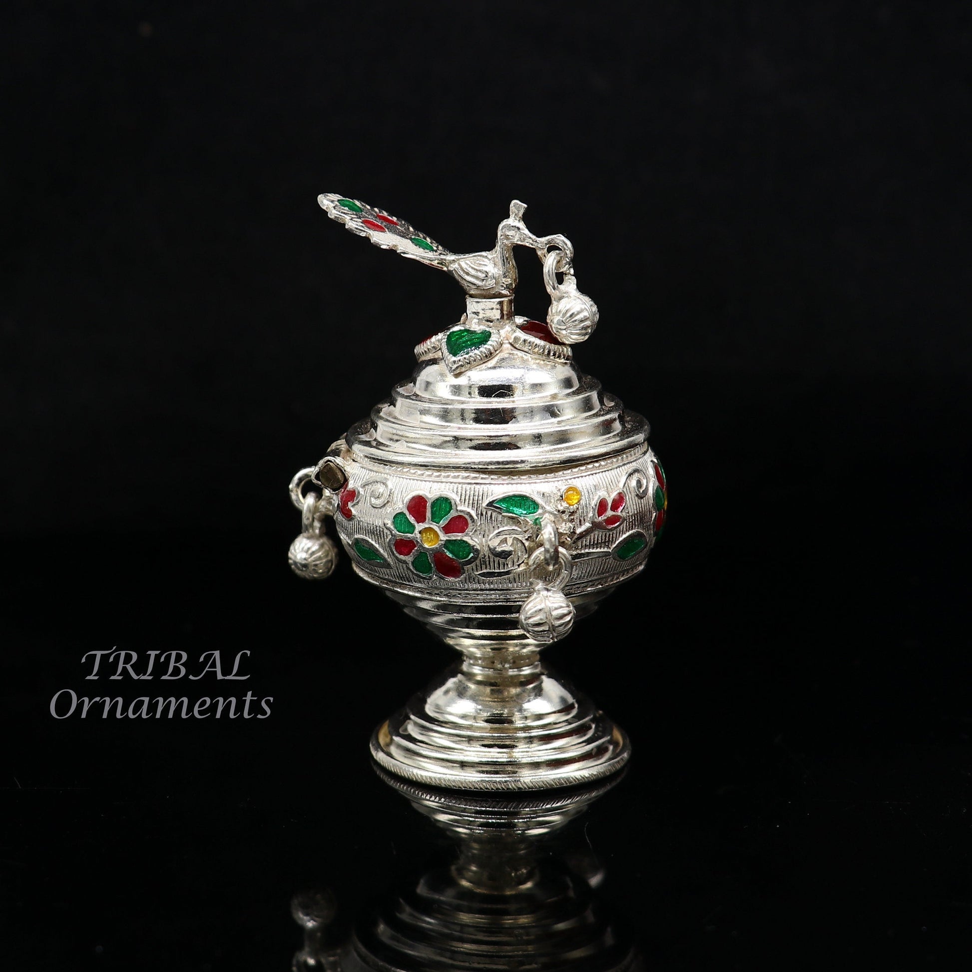 925 sterling silver trinket box, kumkum box/ casket box bridal enamel jewelry box collection, container box, jewelry box gifting art stb711 - TRIBAL ORNAMENTS