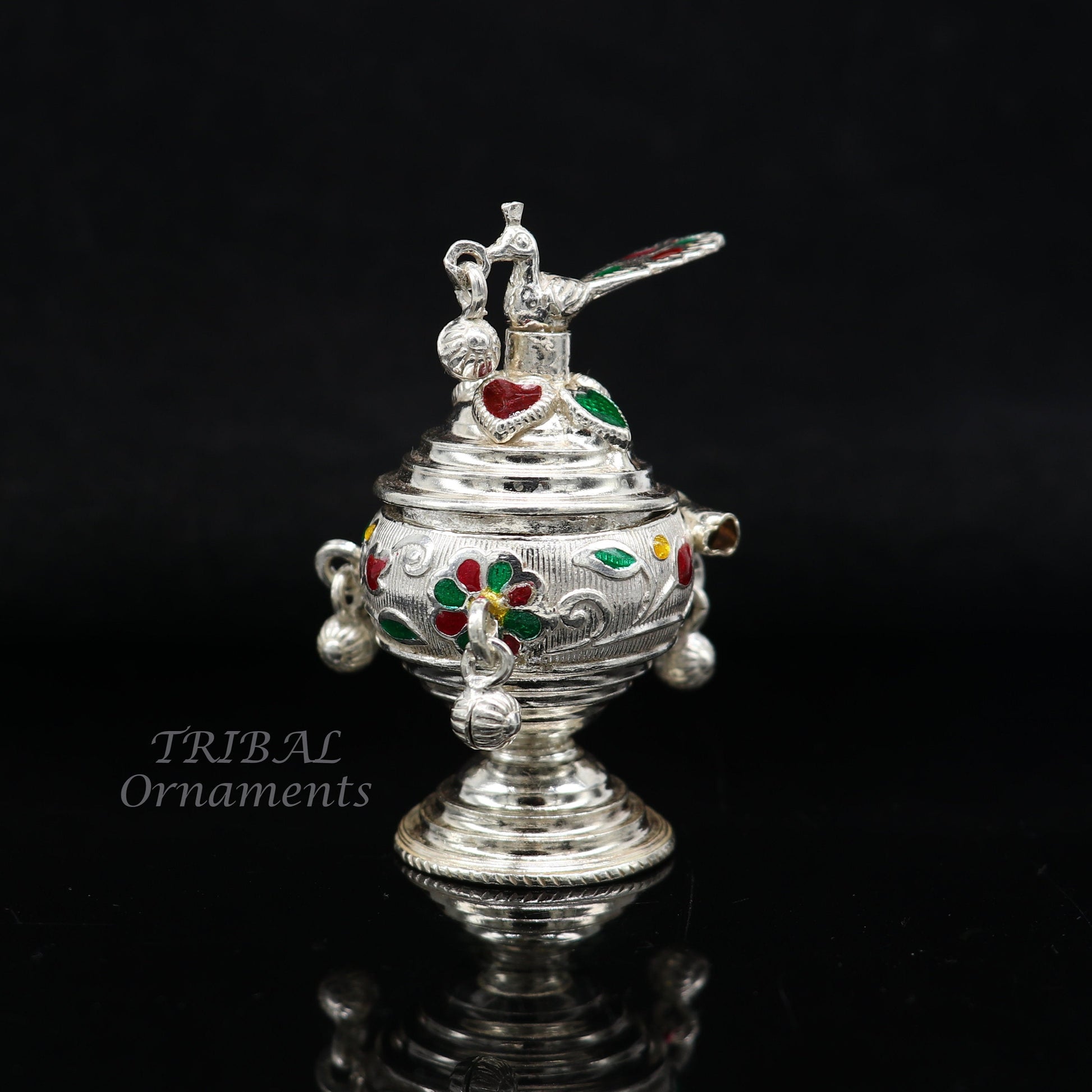 925 sterling silver trinket box, kumkum box/ casket box bridal enamel jewelry box collection, container box, jewelry box gifting art stb712 - TRIBAL ORNAMENTS