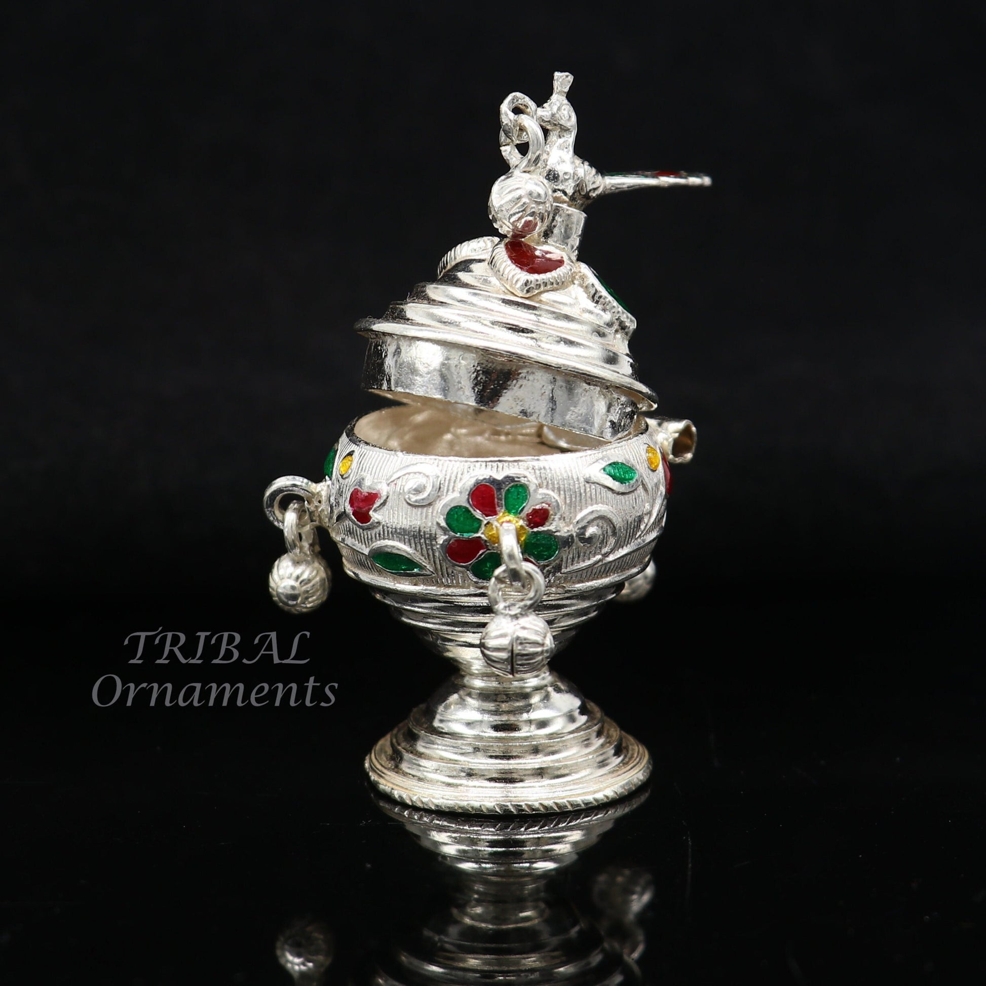 925 sterling silver trinket box, kumkum box/ casket box bridal enamel jewelry box collection, container box, jewelry box gifting art stb712 - TRIBAL ORNAMENTS