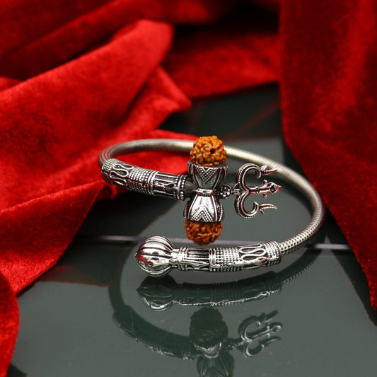 Awesome 925 sterling silver handmade customized lord shiva trident trishul bangle bracelet kada with rudraksha unisex gifting jewelry nsk353 - TRIBAL ORNAMENTS