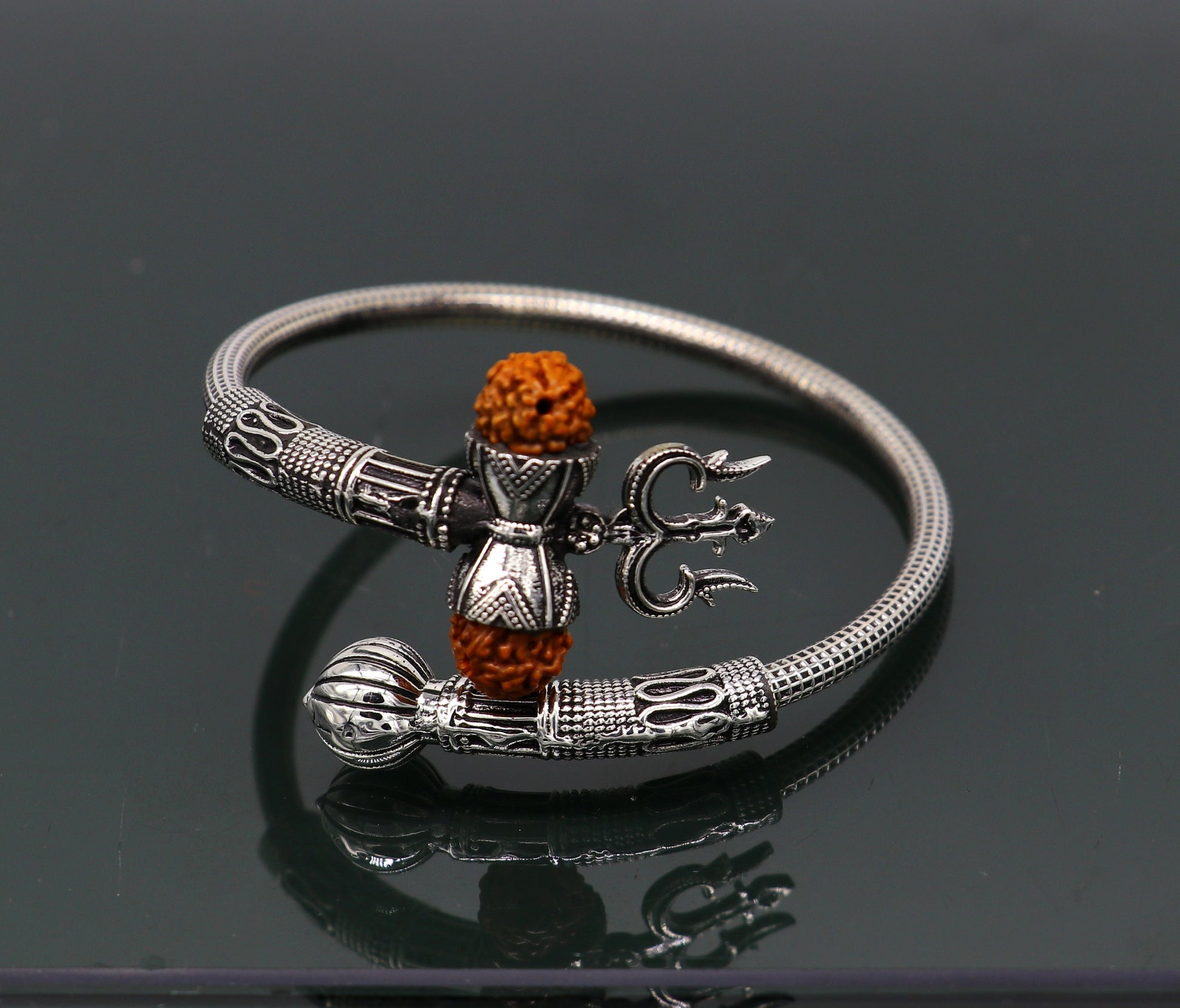 Awesome 925 sterling silver handmade customized lord shiva trident trishul bangle bracelet kada with rudraksha unisex gifting jewelry nsk353 - TRIBAL ORNAMENTS