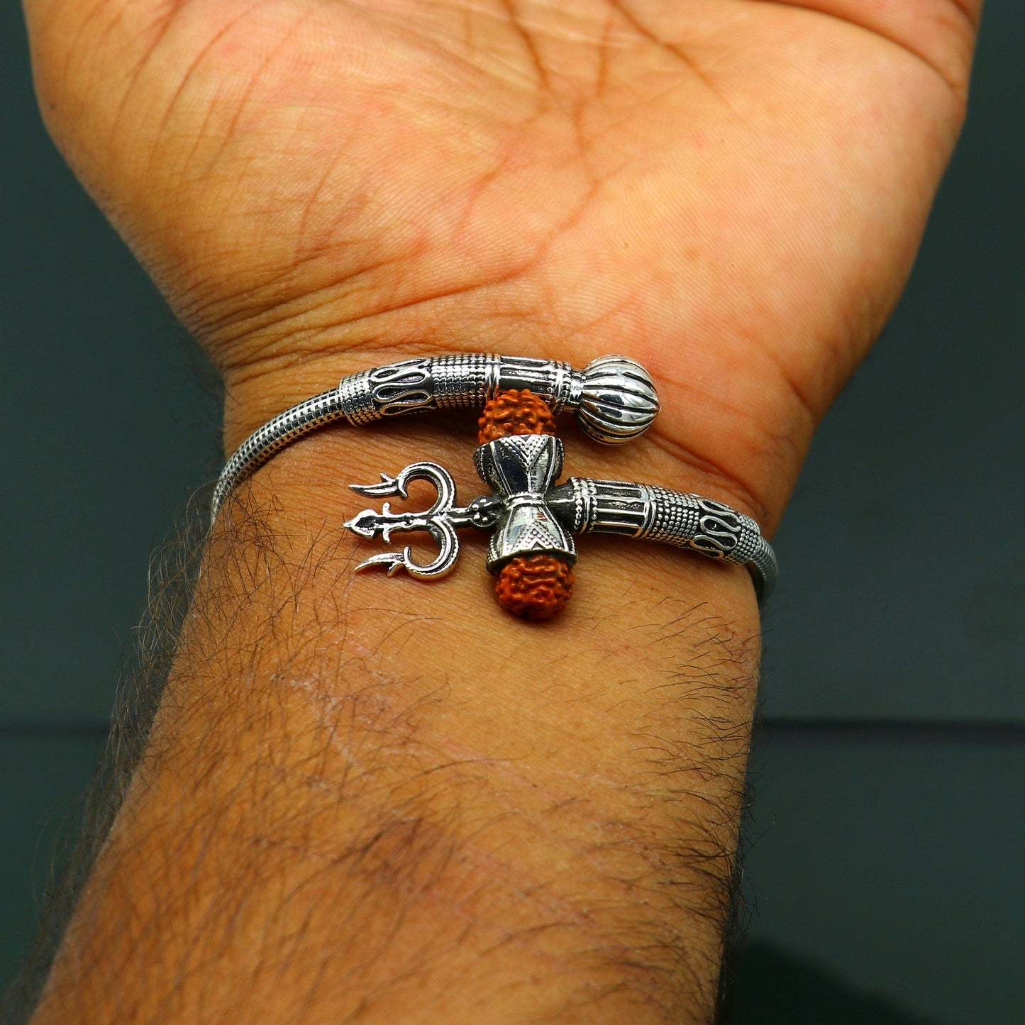 Awesome 925 sterling silver handmade customized lord shiva trident trishul bangle bracelet kada with rudraksha unisex gifting jewelry nsk353 - TRIBAL ORNAMENTS