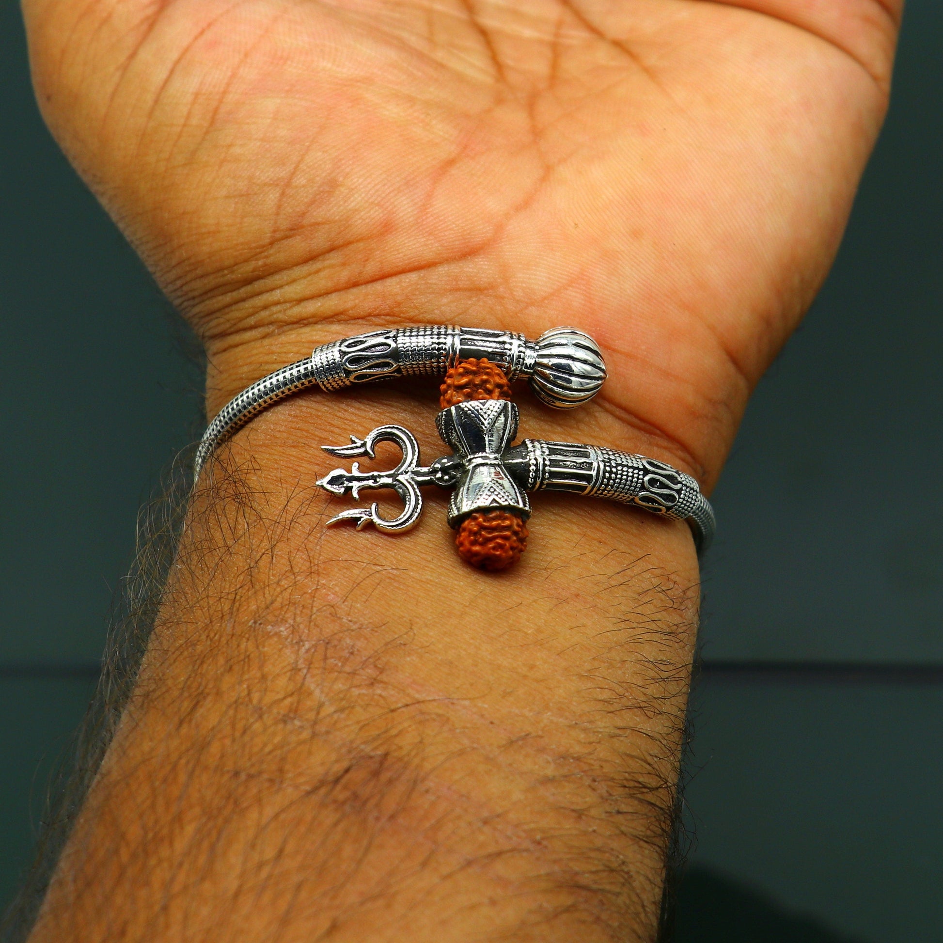 Awesome 925 sterling silver handmade customized lord shiva trident trishul bangle bracelet kada with rudraksha unisex gifting jewelry nsk353 - TRIBAL ORNAMENTS