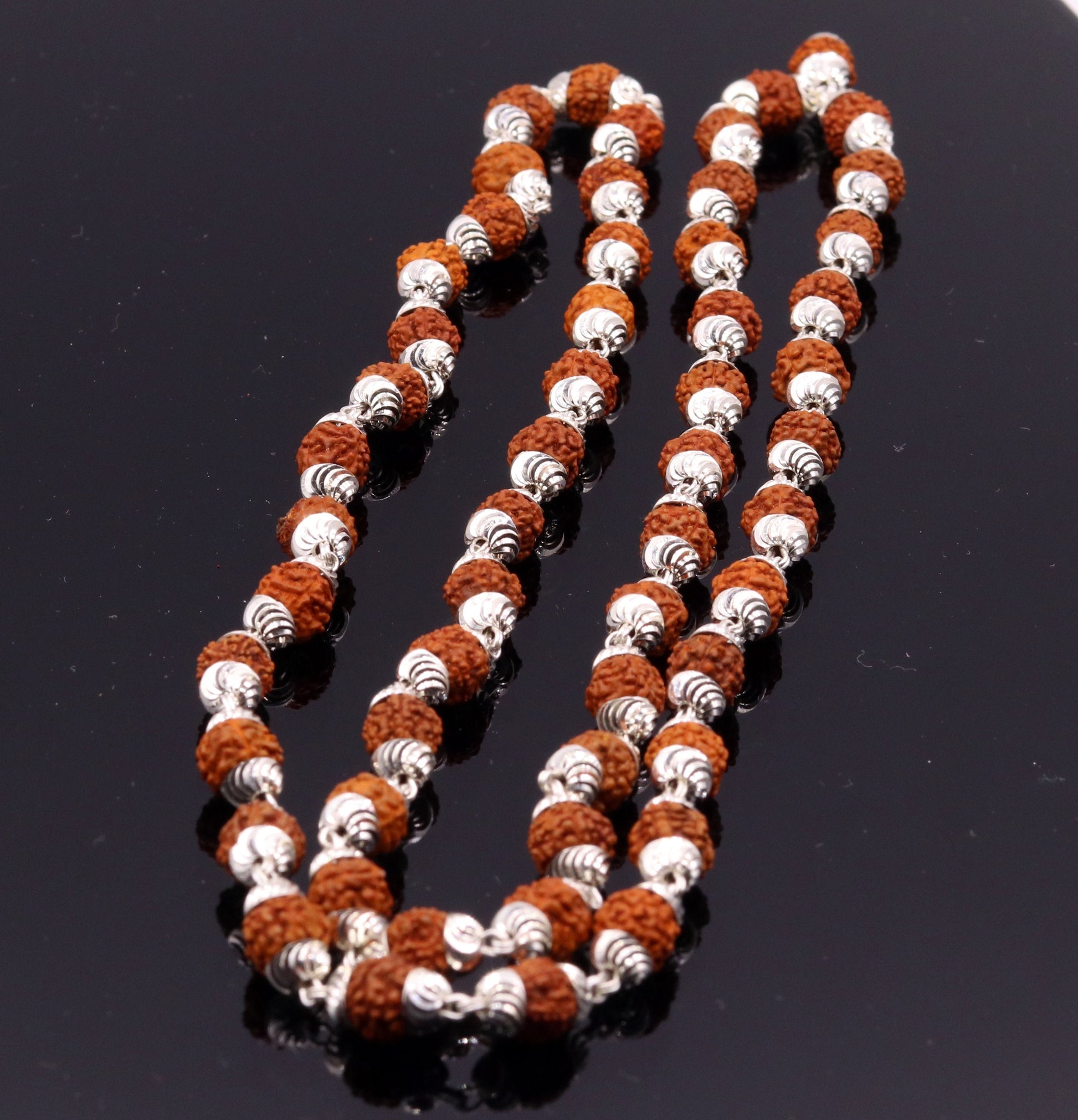 Handmade silver caps natural rudraksha bead chain necklace fabulous unisex silver jewelry awesome design ch001 - TRIBAL ORNAMENTS