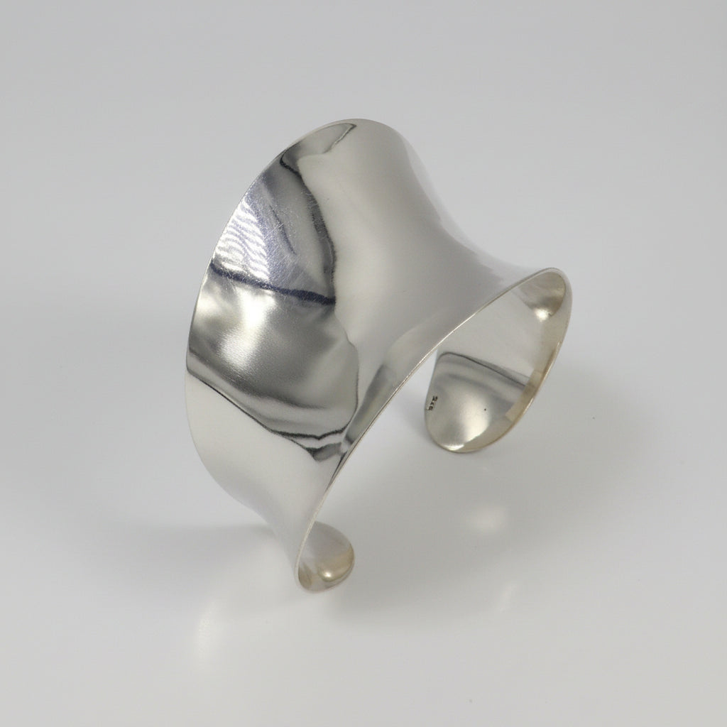 Bright shiny 925 sterling silver open face adjustable bangle cuff bracelet from Tribalornament, featuring a curved design for wedding jewelry.