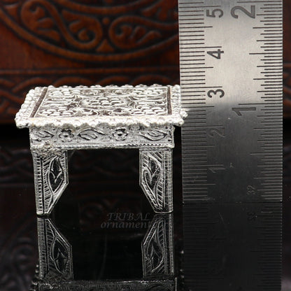 Vintage 1.6-inch handmade 925 sterling silver small square table/bazot/chouki for puja, with intricate tribal design for home temple use.