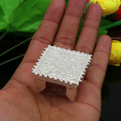 Vintage 1.6-inch sterling silver handmade small square table/bazot choukki for puja, with intricate tribal design and temple art details.