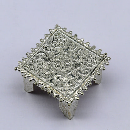 Vintage 1.6-inch sterling silver square table bazot or chouki, handcrafted tribal ornament for home puja and temple decor.