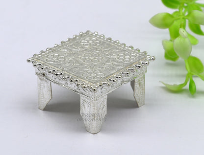 Vintage 1.6-inch sterling silver square table bazot or chouki with intricate tribal design, handmade for puja and temple use.