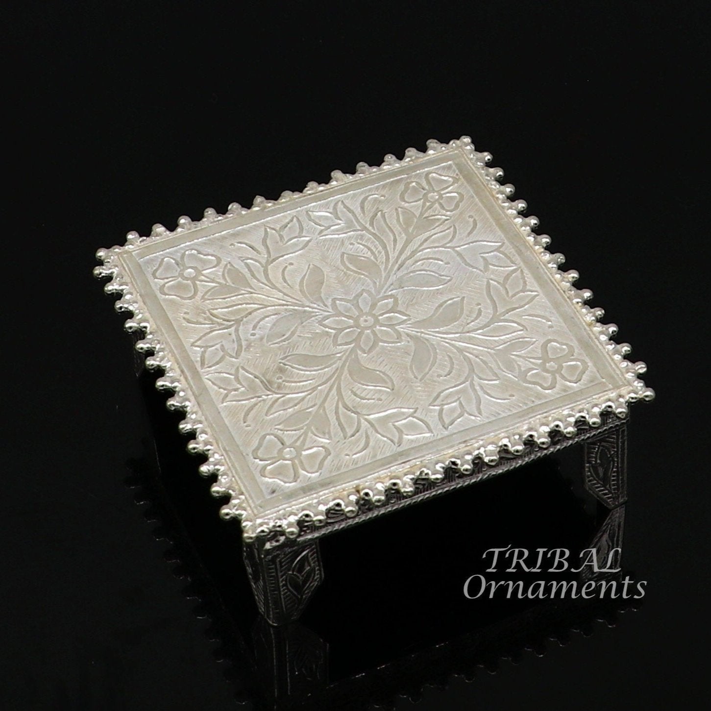 Sterling silver handmade small square puja utensil from TribalOrnaments with vintage design for home temple decor and worship.