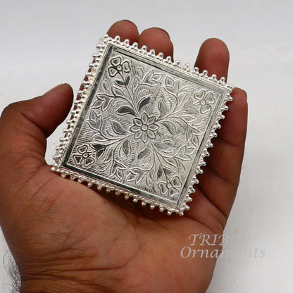 Sterling silver 2.5" vintage square-shaped handmade puja utensil for temple decor, custom TribalOrnaments home altar accessory