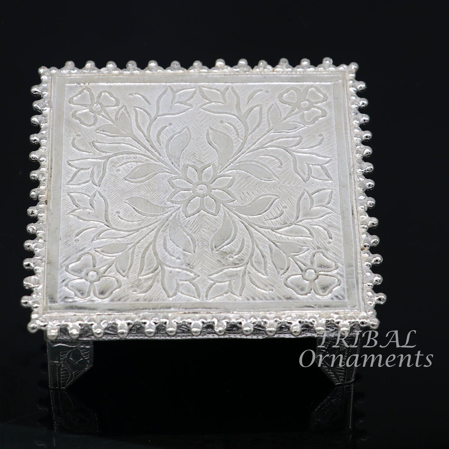Vintage sterling silver small square table puja utensil with intricate tribal design, handcrafted by TribalOrnaments.