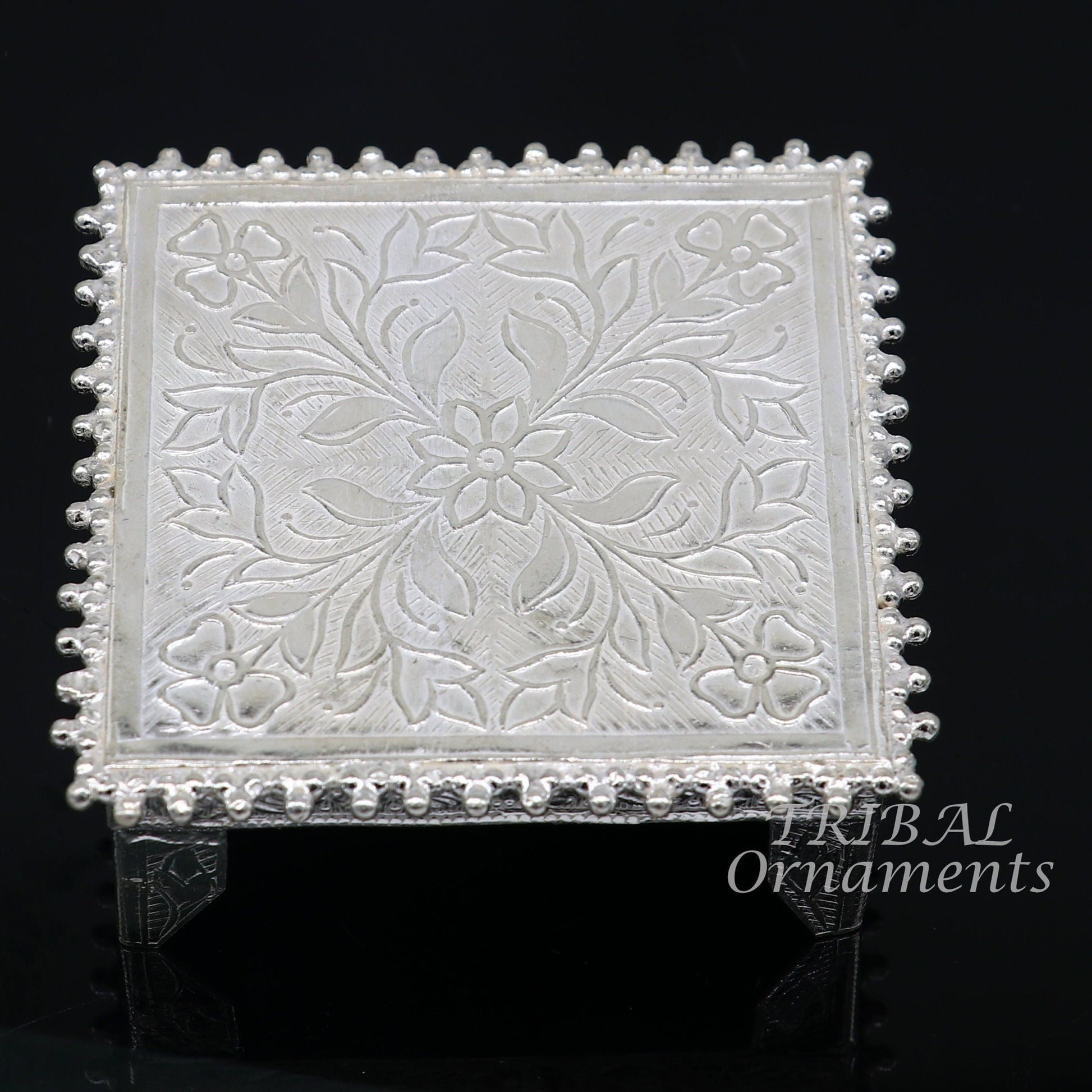Vintage sterling silver small square table puja utensil with intricate tribal design, handcrafted by TribalOrnaments.